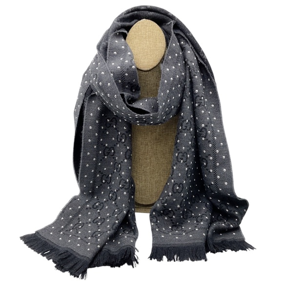 GUCCI CHARCOAL GREY GG LOGO STUD EMBELLISHED FRINGED WOOL SCARF - Picture 1 of 11